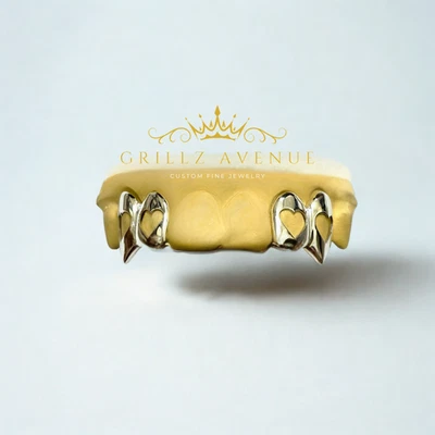 Parrilla de ajuste personalizado 4 piezas con cara abierta con colmillos extendidos (plata de ley 925) Foto 1 de 3