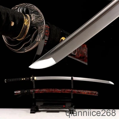 1095 carbon steel Japanese Katana Sword red Carved leaves saya Phoenix tsuba - Image 1 of 4