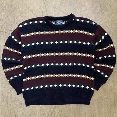 Vintage 90s Jantzen Sweater Men's XL Red Blue Geometric Cotton Grandpa Knit - Image 1 of 4