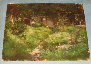 FRENCH SCHOOL 19TH CENTURY OIL PAINTING LANDSCAPE ABANDONED CEMETERY MACABRE BARBIZON - Picture 1 of 17