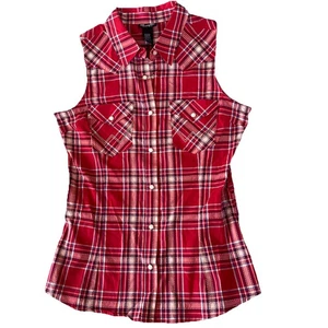 Camicia western retrò Wrangler donna rossa a quadri senza maniche perla snap M casual - Foto 1 di 11