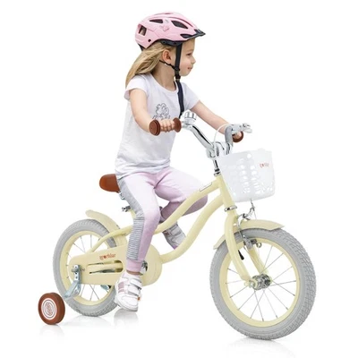 Bicicleta para niños de 14" con ruedas de entrenamiento extraíbles y cesta para 3-5 años beige Foto 1 de 4