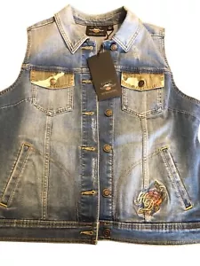 Harley Davidson Vintage Stud Denim Vest Size M Blue Camo NWT - Picture 1 of 8