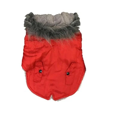 Chaqueta roja para perro talla pequeña Woof Pet Puffer con capucha gris forrada de piel alrededor de la capucha  Foto 1 de 3