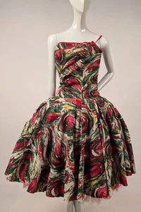 VINTAGE 1950’S ABSTRACT FLORAL SWIRL PRINT BARKCLOTH DRESS - Picture 1 of 7
