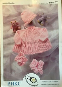 BHKC 37 KNITTING PATTERN BABY MATINEE COAT BONNET BOOTEES MITTENS SIZES 12-18 DK - Picture 1 of 1
