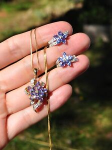 10k & 14k Solid Gold Tanzanite & Diamond Earrings & Necklace Set Cluster Flower