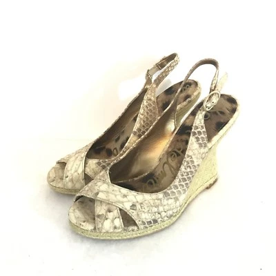 Sam Edelman Arianna pele de cobra bege peep toe cortiça espadrille wedges tamanho 8 M - Imagem 1 de 4