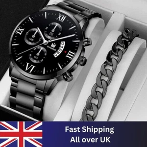 Mens Business Fashion Watch with Stainless Steel Strap Silver & Black Quartz UK - Picture 1 of 13
