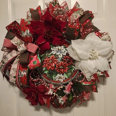 Poinsettia Red Velvet and White Christmas Holiday Wreath Door Hanger 26 Inch - Image 1 of 4