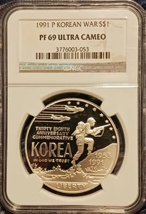 1991 P Korean War Commemorative Silver $1. NGC PF-69 Ultra Cameo. SILVER PROOF - Picture 1 of 4