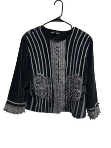 Indigo Moon verzierte Samtjacke schwarz grau Gr. Large Perlen Art To Wear - Bild 1 von 10