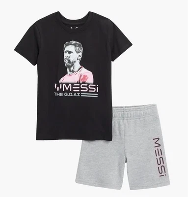 儿童 Lionel Messi the Goat 系列黑色衬衫和灰色短裤套装 2T 足球 — 第 1/3 张图片