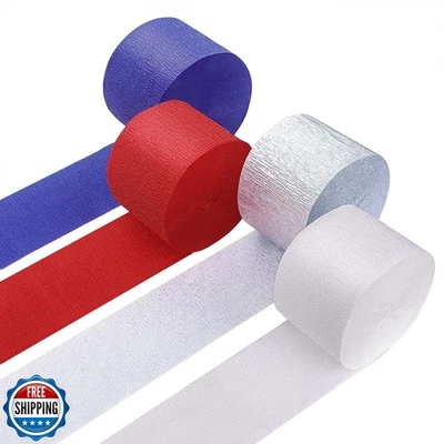 4 Crepe Paper Streamers Rolls, 328ft Pack of Red, White, Blue and Silver Crep - Image 1 of 4