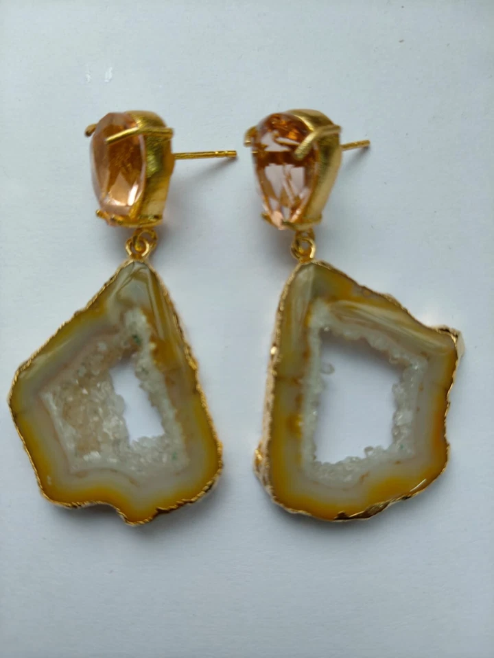 Druzy Slice Earring,Hydro Quartz Earring,Geode Fashion Jewelry,Gold Edge Earring - Image 1 of 4