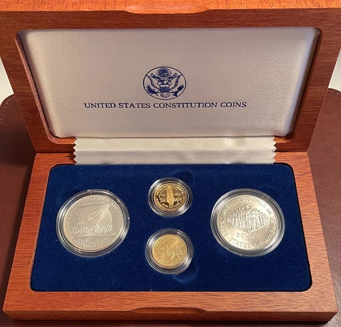 1987 US Constitution 4-Coin $5 Gold & Silver Dollar Set - Proof & BU -Beautiful! Cover