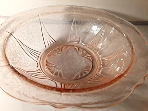 Vintage Pink Glass Bowl with scroll and floral design- 10" Bowl - Picture 1 of 7