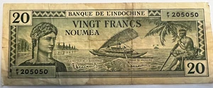 BANQUE DE L'INDOCHINE, NOUMEA NO DATE (1944) 20 FRANCS BANKNOTE BILL - Picture 1 of 2