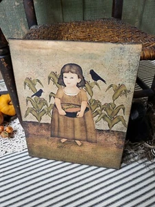 ALTES VINTAGE VOLKSKUNST PRIMITIVER STIL HALLOWEEN HERBST PORTRAIT MÄDCHEN KRÄHE BAUERNHOF SCHILD - Bild 1 von 8