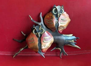 Vintage MCM Brutalist Kupfer Messing Ton Metall Eulen Zweig Wandbild Messing Skulptur  - Bild 1 von 18