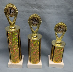 set of 3 gold place trophies award 1st 2nd 3rd gold column white marble base - Picture 1 of 1