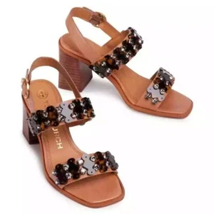 Tory Burch Women's DELANEY Embellished Leather Block-Heel Sandals 7M - Picture 1 of 3