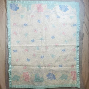 Vintage Cuddle Time Baby Blanket Blue Satin Edge 1980’s Bunny Teddy Bear Clouds - Picture 1 of 6