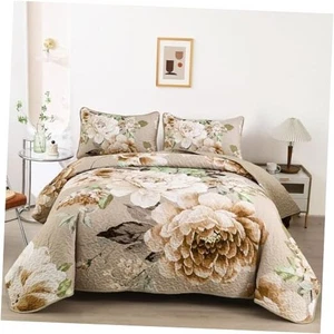  Floral Quilt Set King,3 Pieces Botanical Quilted Printed King 104"×90" Khaki - Picture 1 of 8