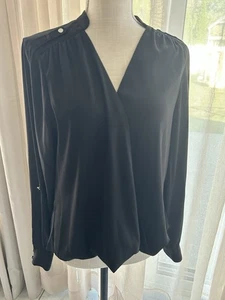 Top White House Black Market Wrap Front Size 12  Blouse Black Tab Sleeves Long - Picture 1 of 9