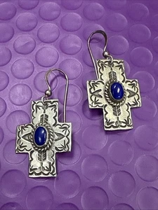 ❤️VINTAGE STERLINGSILBER & LAPIS, KREUZ Ohrhänger OHRRINGE HERZ - Bild 1 von 6