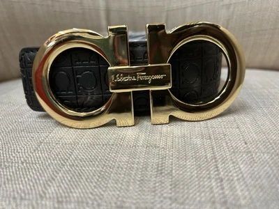 Cinturón Salvatore Ferragamo Hombre Talla 36 Negro Dorado Doble Gancini Hebilla Italia Foto 1 de 4