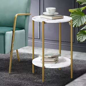 Oikiture Side End Table Coffee Sofa Bedside Nightstand Marble Round Dual-Tier - Picture 1 of 10