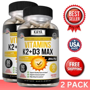 (2 Bottles) Vitamin K2 (MK7) D3 5000 IU Supplement, BioPerine Capsules, Immune - Picture 1 of 13