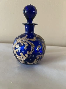 Vintage Hand Blown perfume bottle ornate Gold Trim cobalt blue Glass Signed - Picture 1 of 5