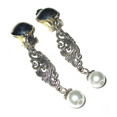 Ohrclips Clips silberf Ohrringe Kunst- Perle verschnörkelt - Bild 1 von 4