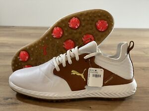 Puma Ignite PWRADAPT Caged Crafted Golf Shoes White/Brown Men's SZ 9 (193825 01)