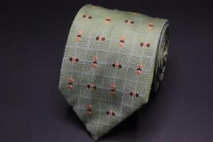 CHURCH'S Silk Tie. Green with Brown Geometric.