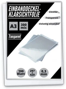 100 PREMIUM Einbanddeckel-Klarsichtfolien A3, PVC-Folie, 0.30 mm, 100-er Pack - Bild 1 von 2