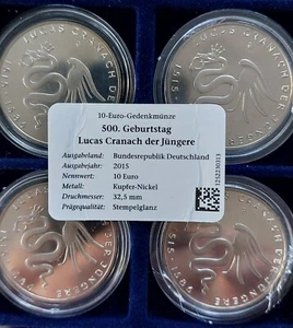 4x 10 Euro LETZTE Gedenkmünze Deutschland Lucas Cranach der Jüngere 2015 - G - Bild 1 von 8