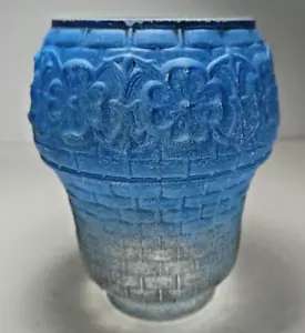 Vtg Blue Ombre Basketweave & Floral Hand Painted Glass Light Shade Craftsman - Picture 1 of 12
