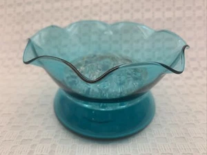 Vintage PEACOCK BLUE Candlestick 10-Hole Frog / Vase Glass Ruffled - Picture 1 of 16