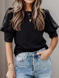 Women's Casual Puff Sleeve Tops Crew Neck Loose Blouse Shirts NEW - Picture 1 of 12