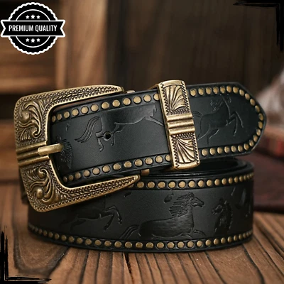 Cinturón de cuero vaquero para hombre caballo hebilla occidental informal lujo alta calidad negro Foto 1 de 4