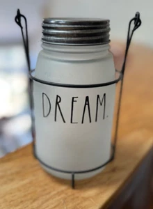 Rae Dunn DREAM LL frosted Glass Mason Jar Lantern Farmhouse Boho Light Patio - Picture 1 of 7