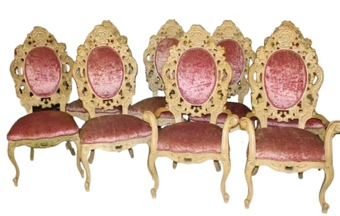 Chairs, Set of 8, Vintage Italian Carved,  Dining Room Arm, Side Chairs, Vintage Cover