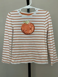 GYMBOREE Girls Sz 5 Orange & White Striped Long Sleeve Shirt W/ Sequin Pumpkin - Picture 1 of 4