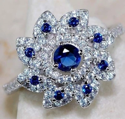 Anillo de plata de ley 925 con zafiro azul y topacio tratado de 2 quilates talla 8 UB1-6 Foto 1 de 2