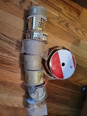 Mixed Lot Of Gold Wired Chistmas Ribbon 225 Ft Total - Image 1 of 4