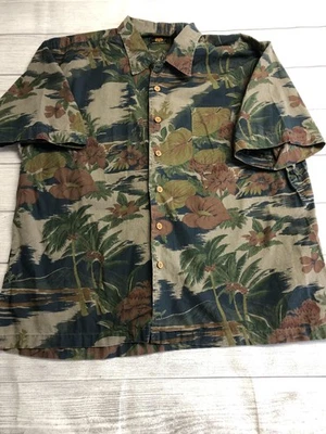 Camisa Route 66 Para Hombres 2XL Verde Marrón Floral Hawaiana Abotonada Palmeras Informal Foto 1 de 4