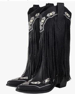 Embroidered Fringe Cowboy Boots for Women, Pull On Mid Calf Chunky Block...  - Picture 1 of 6